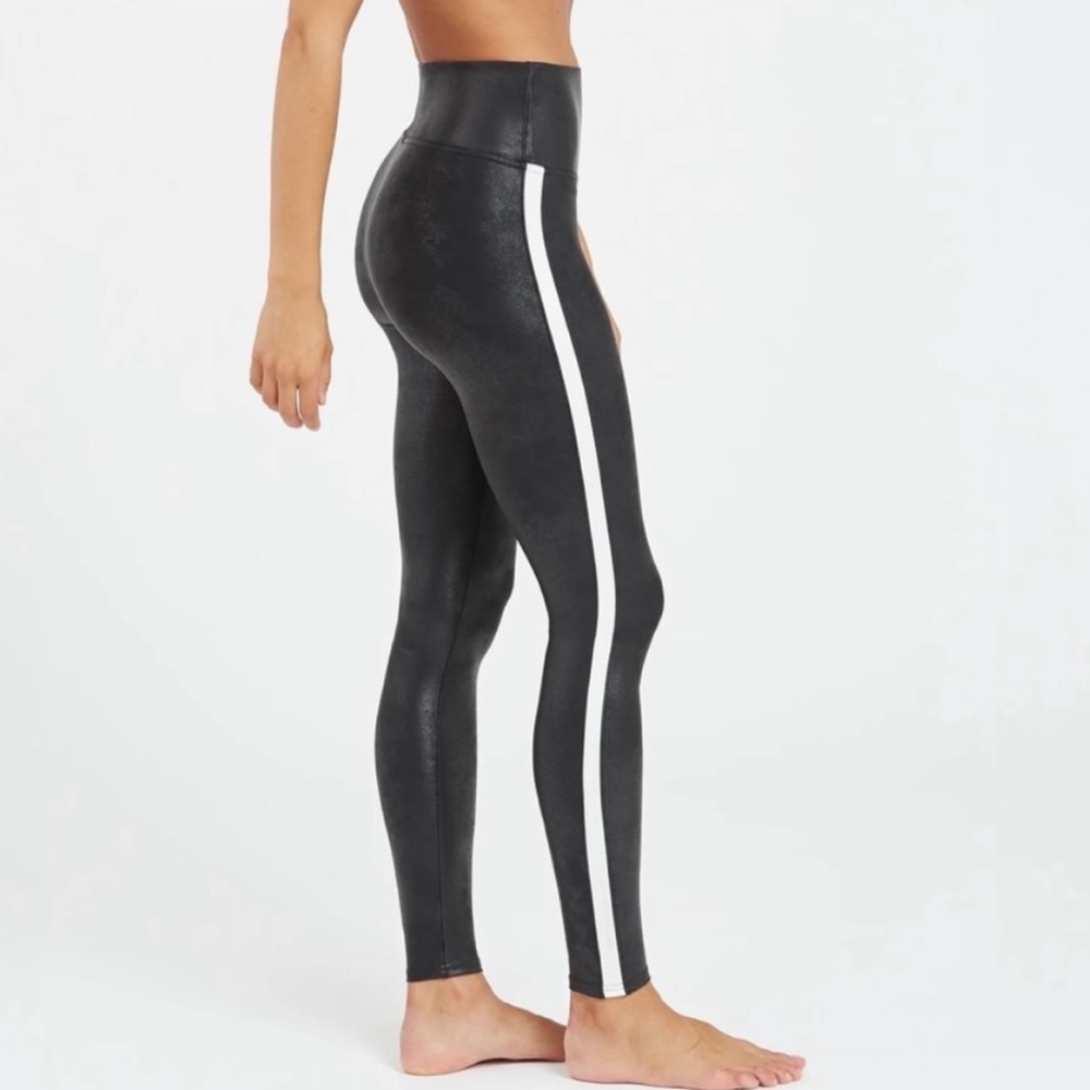 SPANX Black Faux Leather Side Stripe Leggings SZ S EUC